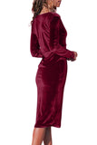 Burgundy V Neck Sleek Velvet Midi Dress