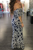 Turquoise Roses Print Off-the-shoulder Maxi Dress