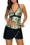 Olive White Spots V-neck Tankini Wrapped Skirt Swimsuit