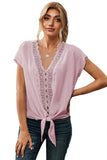V Neck Lace Patchwork Tee with Knot