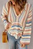 color Striped Knit Kangaroo Pocket Hooded Sweater