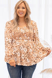 Khaki Square Neck Floral Leopard Smocked Bust Plus Size Blouse