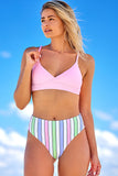 Solid Color Top and Striped Bottom Bikini Set