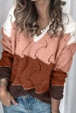 V Neck Colorblock Textured Knit Sweater