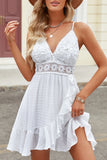 White Lace Splicing Criss Cross Lace-up V Neck Cami Dress