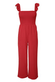 Red Flutter Sleeve Smocked Wide Leg Jumpsuit