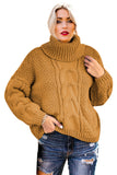 Khaki Solid Turtleneck Cable Knit Pullover Sweater