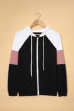 Khaki Color Block Zip Up Kangaroo Pocket Drawstring Hoodie