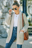 Green Ribbed Striped Open Front Cardigan with Pockets