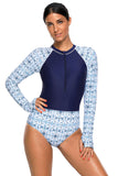 Chic Print Zip High Neck Long Sleeve Rashguard Swimsuit