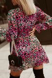 Rose Deep V Neck Cinched Waist Leopard Dress
