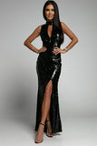 Black High Neck Hollow-out Bust Sleeveless Sequin Gown with Split