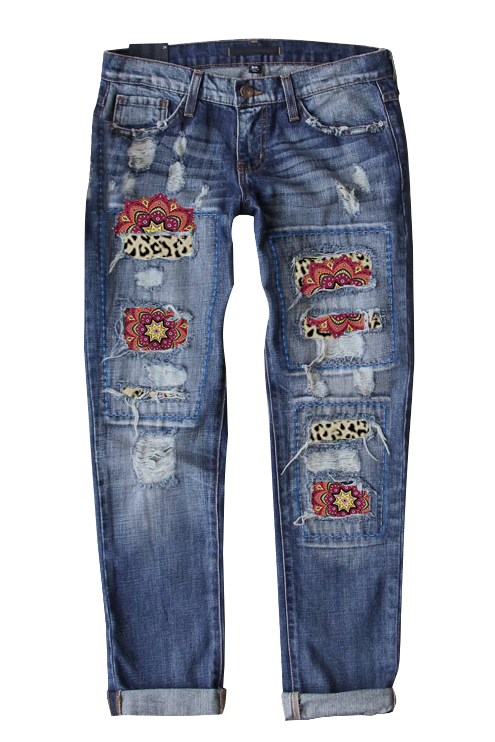 Pattern Patchwork Mid Waist Distressed Jeans