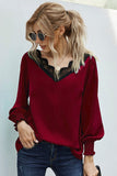 V Neck Lace Patchwork Green Blouse