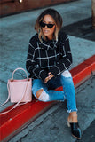 Beige Grid Pattern Turtleneck Sweater