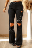 Stars Print Ripped Knee High Waist Bell Bottom Jeans