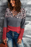 Red Lace Splicing Hollow-out Leopard Color Block Top