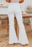 White Distressed Hollow-out Knee Frayed Flare Jeans