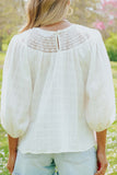 White Textured Lace Contrast Ruched Blouse