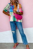 color Bold Plaid Color Block Puff Sleeve Peplum Top