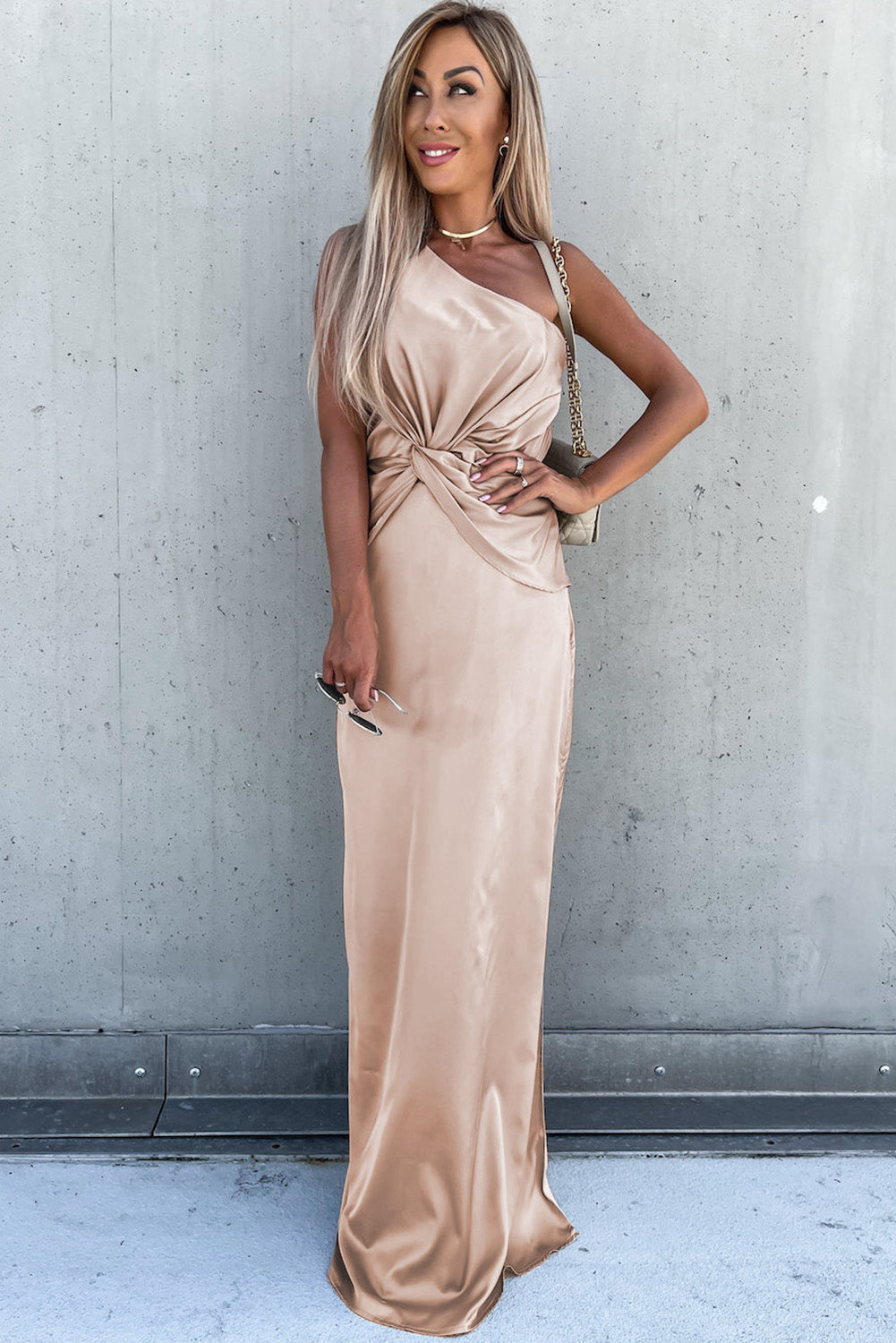Apricot One-shoulder Twist Detail Sleeveless Party Gown with Slit