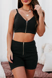 Black Ribbed Knit Zip-up Crop Top and High Waist Shorts Two Piece Set