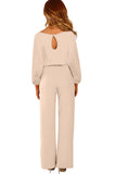 Apricot Boat Neck Bubble Sleeve Straight Legs Jumpsuit with Belt Tie