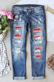 Sky Blue Christmas Pattern Splicing Mid Rise Distressed Jeans