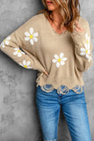 Khaki Daisy Pattern Knit Distressed Sweater