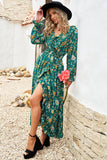 Green Boho Ruffles Smocked Waist Floral Print Maxi Dress
