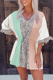 V Neck Ruffle Leopard Color Block Romper