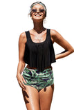 Print Crop Ruffled Overlay High Waist Tankini