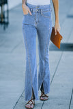 Sky Blue Double Splice High Waist Seam Detail Slit Flare Jeans