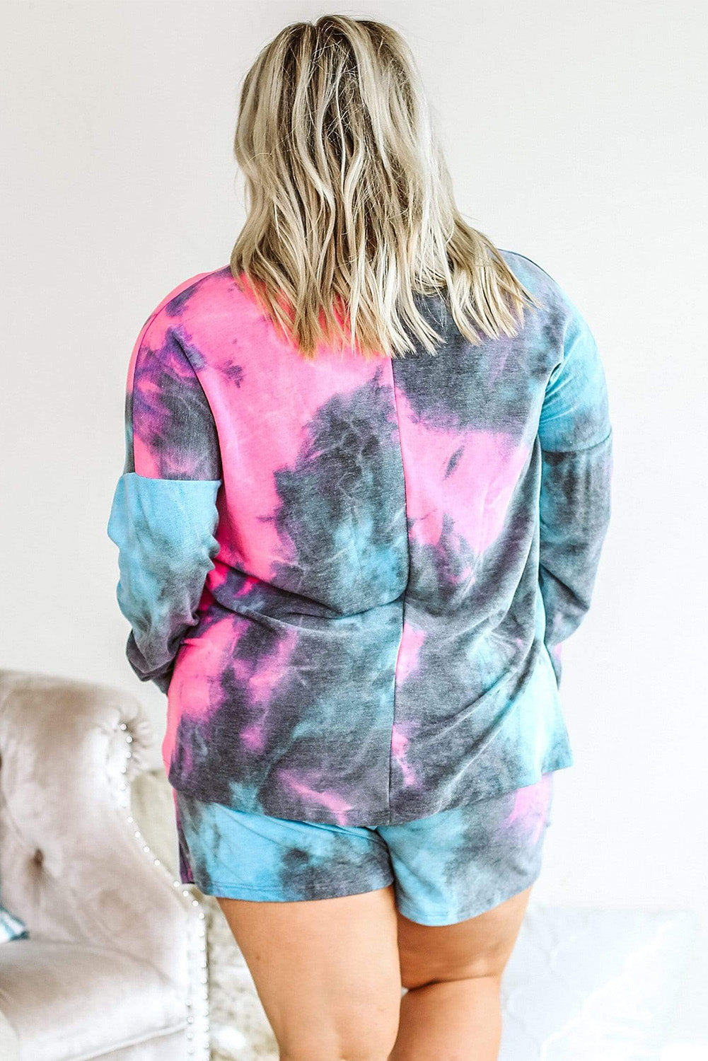 Multicolor Tie-dyed Long Sleeve Top and Shorts Plus Size Lounge Wear