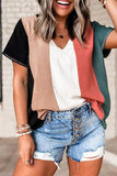 Multicolor Colorblock V Neck Short Sleeve Top