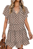 Dotted Print Split Neck Flutter Sleeve Flowy Tunic Mini Dress