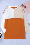 Pocketed Color Block Patchwork Long Sleeve Top