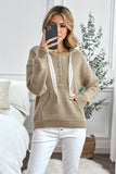 Kangaroo Pocket Button Lace Drawstring Hooded Pullover Sweater