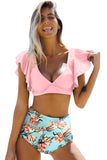 Floral Ruffled Hem High Waist Bikini Set