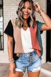 Multicolor Colorblock V Neck Short Sleeve Top