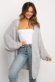 Beige Long Line Open Front Knitted Cardigan with Pockets
