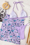 Violet Halter Triangle Bikini with Drawstring Print Skirt