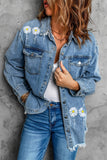Daisy Letter Print Flap Pockets Buttoned Denim Jacket