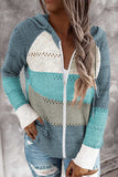 Sky Blue Zipped Front Colorblock Hollow-out Knit Hoodie