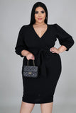 Plus Size Puff Sleeve Wrap V Neck Midi Dress