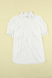 Frilled High Neck Eyelet Pattern Puff Sleeve Top
