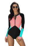 Color Block Zipper Long Sleeve Rash Guard Swimwear