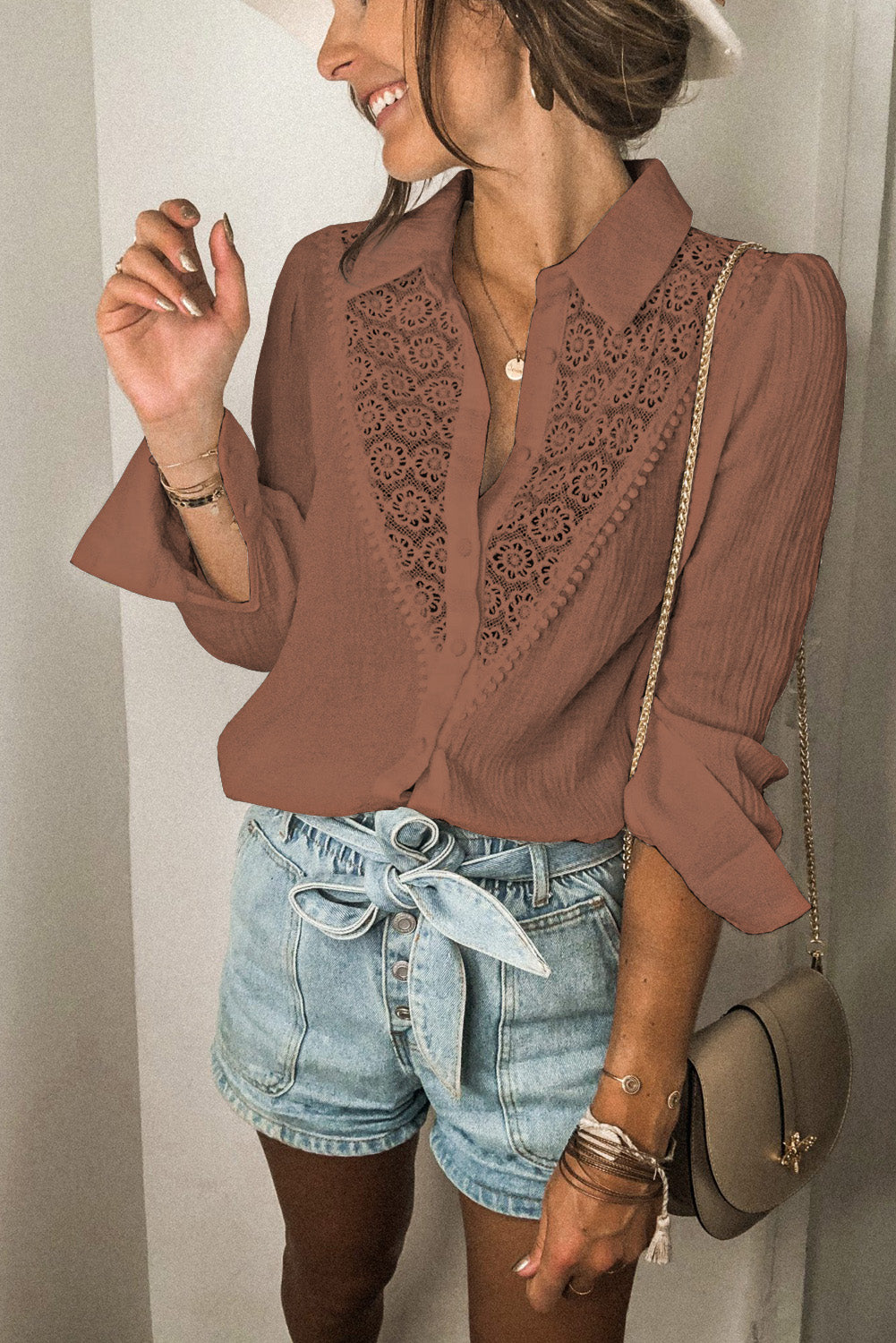 Floral Lace Hollow-out Splicing Crinkled Shirt