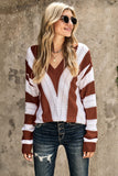 Striped Colorblock V Neck Knitted Sweater