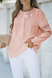 Pink Lace Crochet Button-up Long Sleeve Shirt